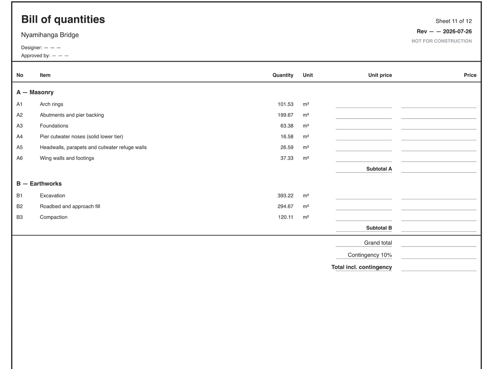 Bill of quantities sheet for the Nyamihanga bridge, generated by vada — masonry and earthworks quantities ready for local pricing