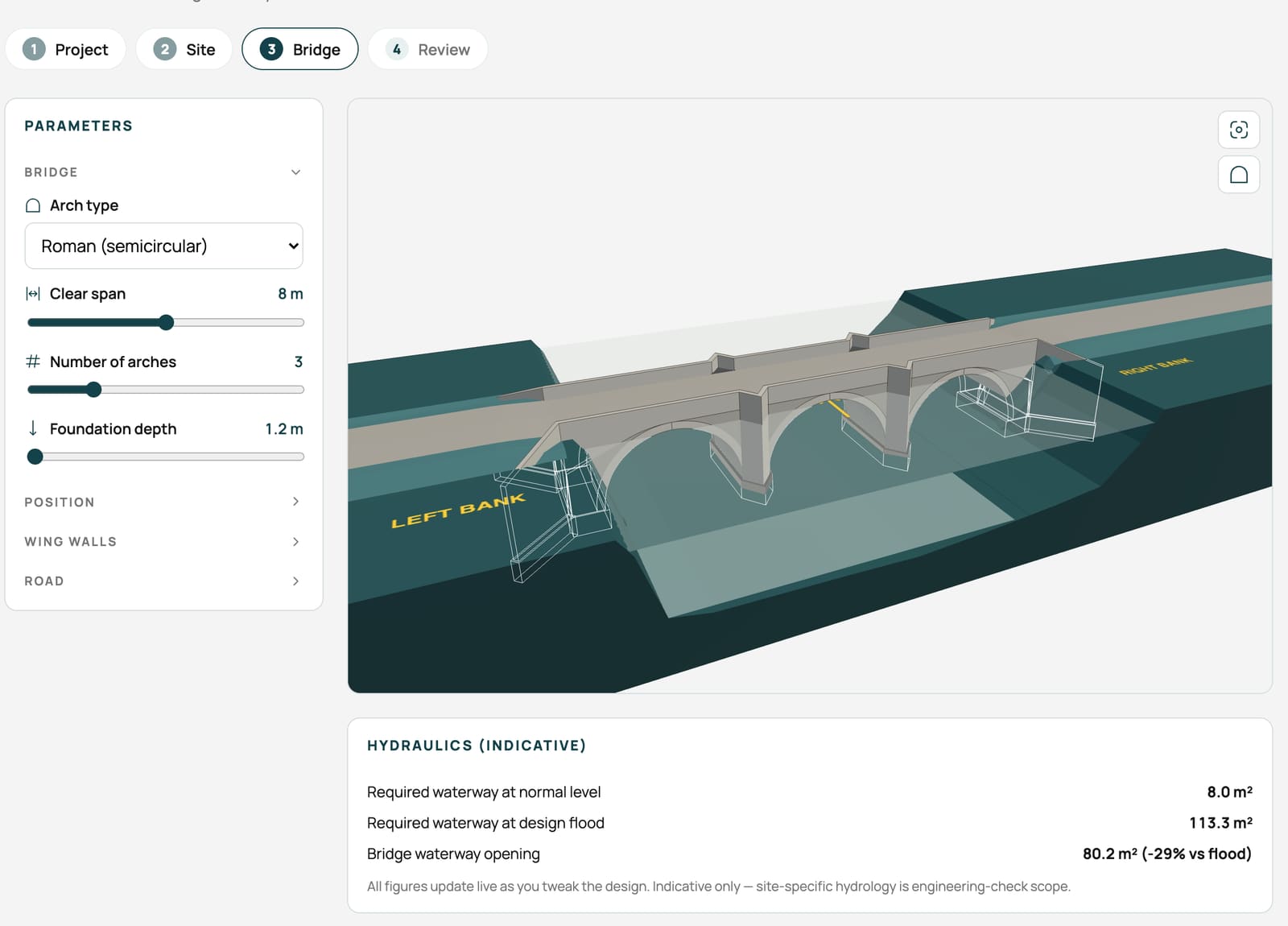 The vada configurator with Nyamihanga's riverbed and bridge: three 8 m Roman arches in 3D, with live hydraulic checks