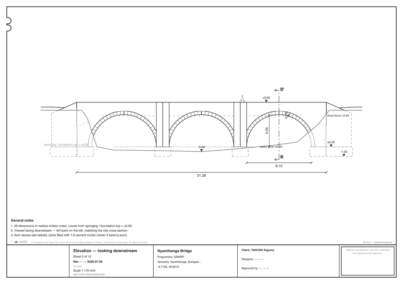 Elevation drawing sheet of the Nyamihanga bridge, generated by vada